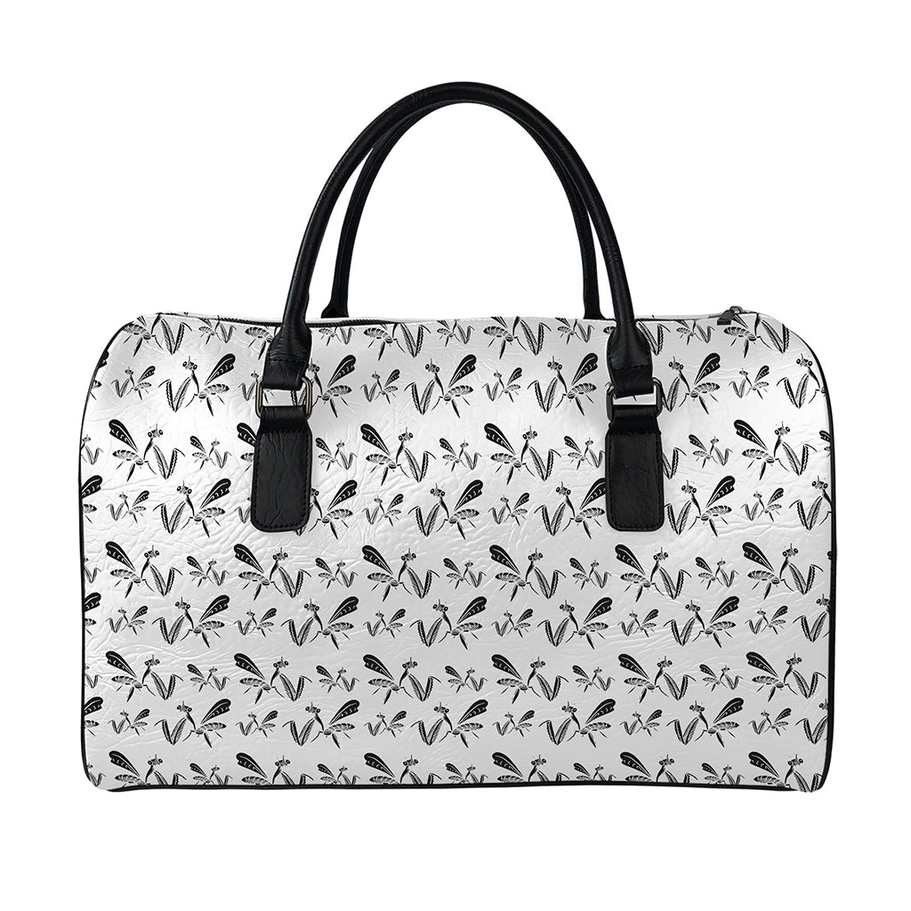 White And Black Mantis Pattern Print Leather Duffle Bag