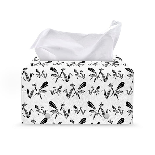 White And Black Mantis Pattern Print Leather Tissue Box Cover
