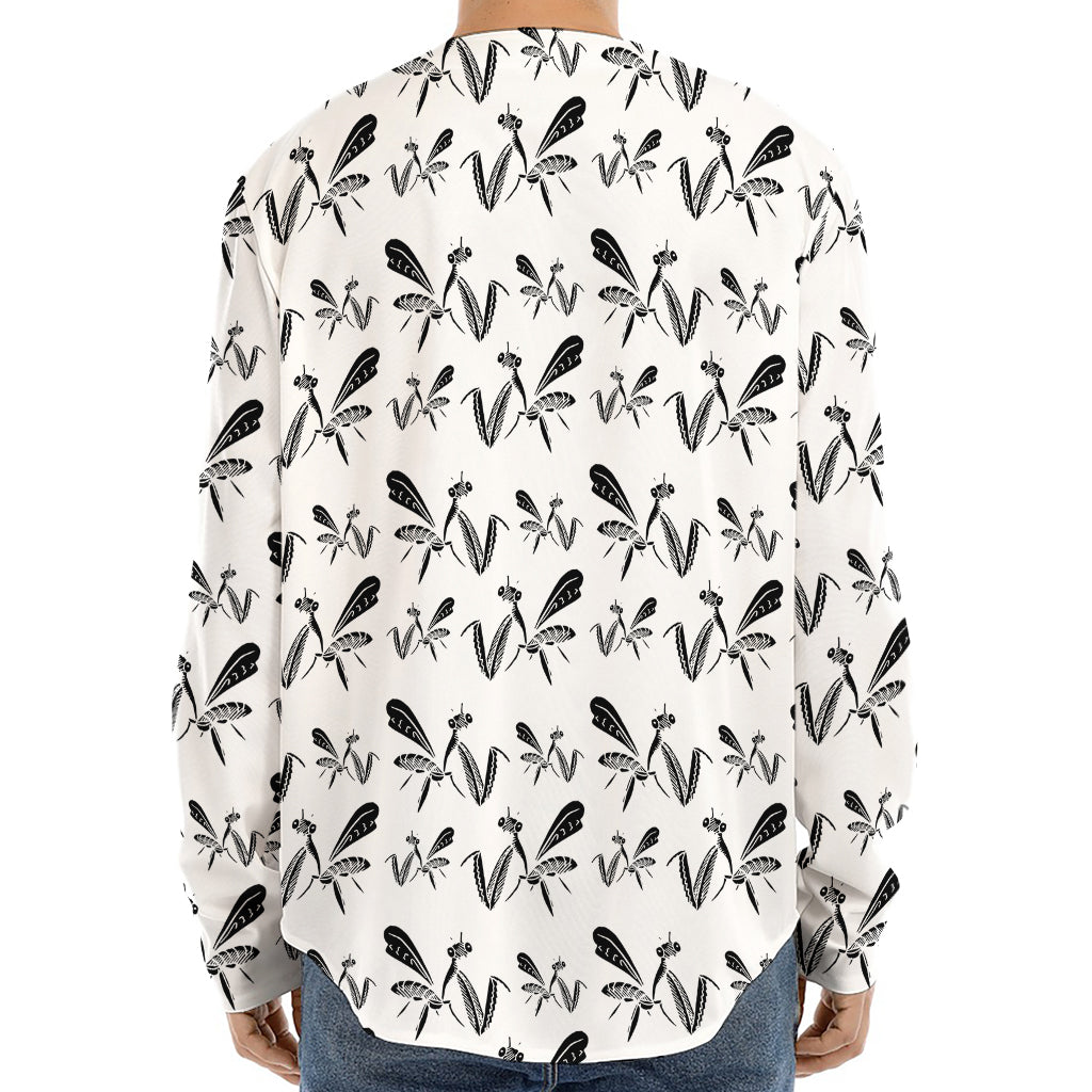 White And Black Mantis Pattern Print Long Sleeve Baseball Jersey