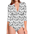 White And Black Mantis Pattern Print Long Sleeve Swimsuit
