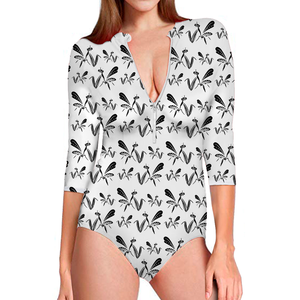 White And Black Mantis Pattern Print Long Sleeve Swimsuit
