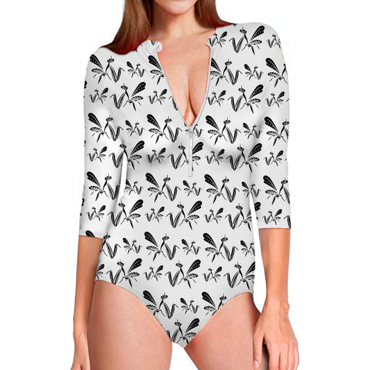 White And Black Mantis Pattern Print Long Sleeve Swimsuit