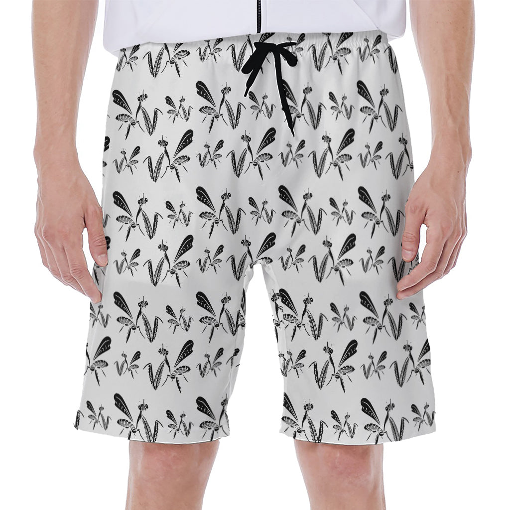White And Black Mantis Pattern Print Men's Beach Shorts