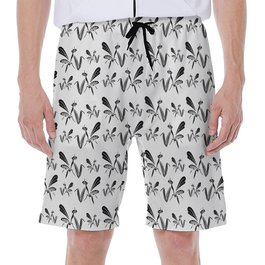 White And Black Mantis Pattern Print Men's Beach Shorts