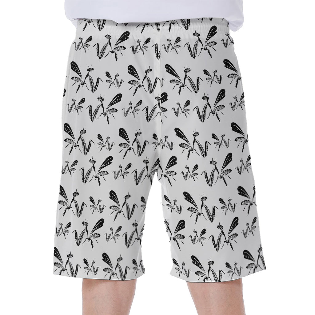 White And Black Mantis Pattern Print Men's Beach Shorts