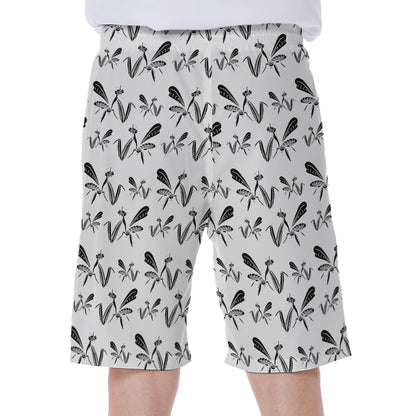 White And Black Mantis Pattern Print Men's Beach Shorts