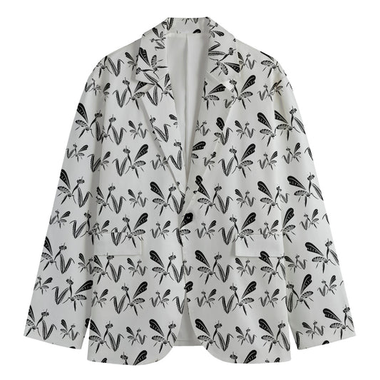 White And Black Mantis Pattern Print Men's Blazer