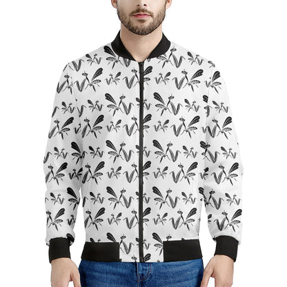 White And Black Mantis Pattern Print Men's Bomber Jacket