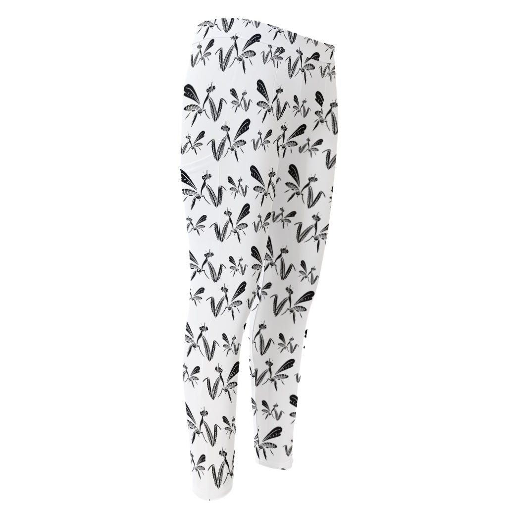 White And Black Mantis Pattern Print Men's Compression Pants