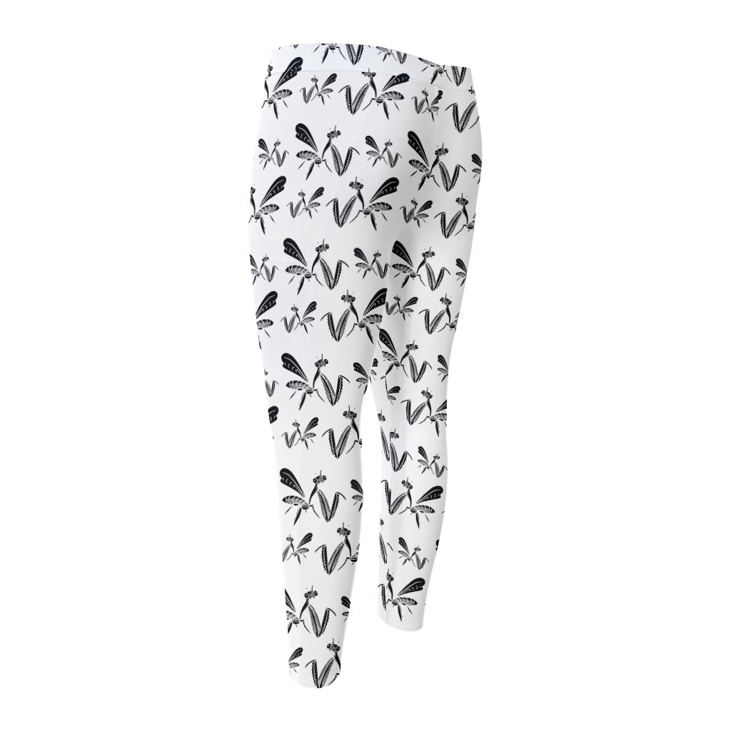 White And Black Mantis Pattern Print Men's Compression Pants