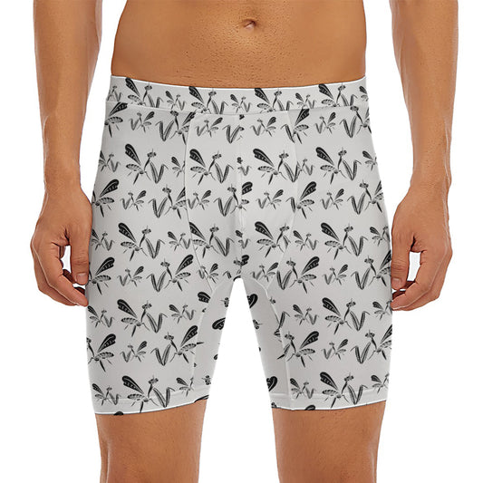White And Black Mantis Pattern Print Men's Long Boxer Briefs
