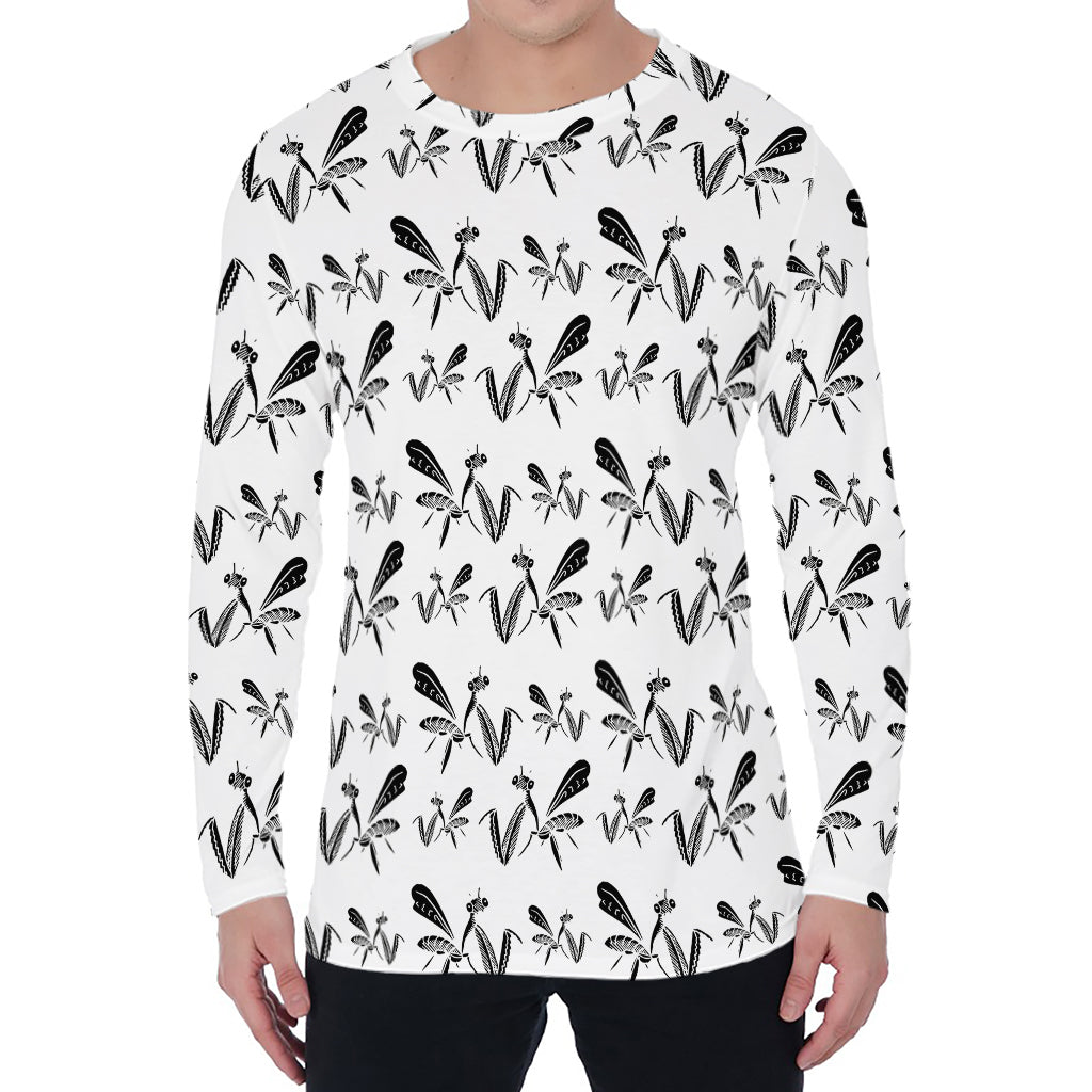 White And Black Mantis Pattern Print Men's Long Sleeve T-Shirt