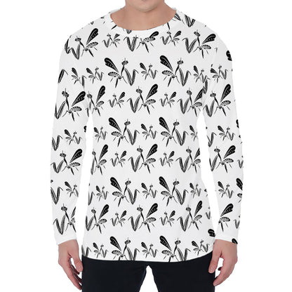 White And Black Mantis Pattern Print Men's Long Sleeve T-Shirt