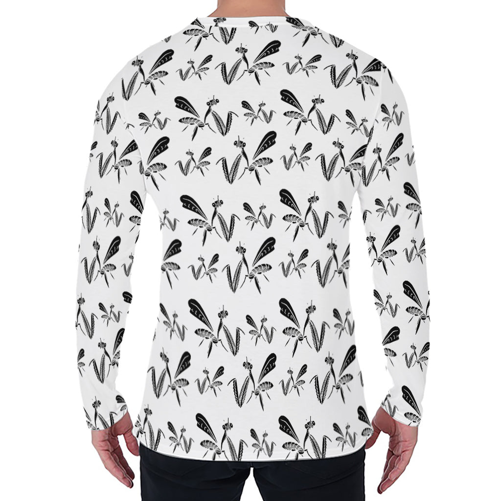 White And Black Mantis Pattern Print Men's Long Sleeve T-Shirt