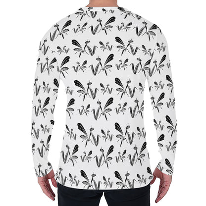 White And Black Mantis Pattern Print Men's Long Sleeve T-Shirt