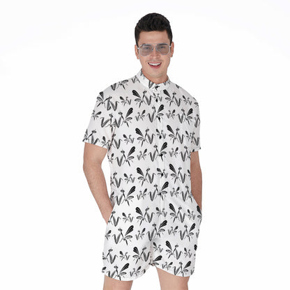 White And Black Mantis Pattern Print Men's Rompers