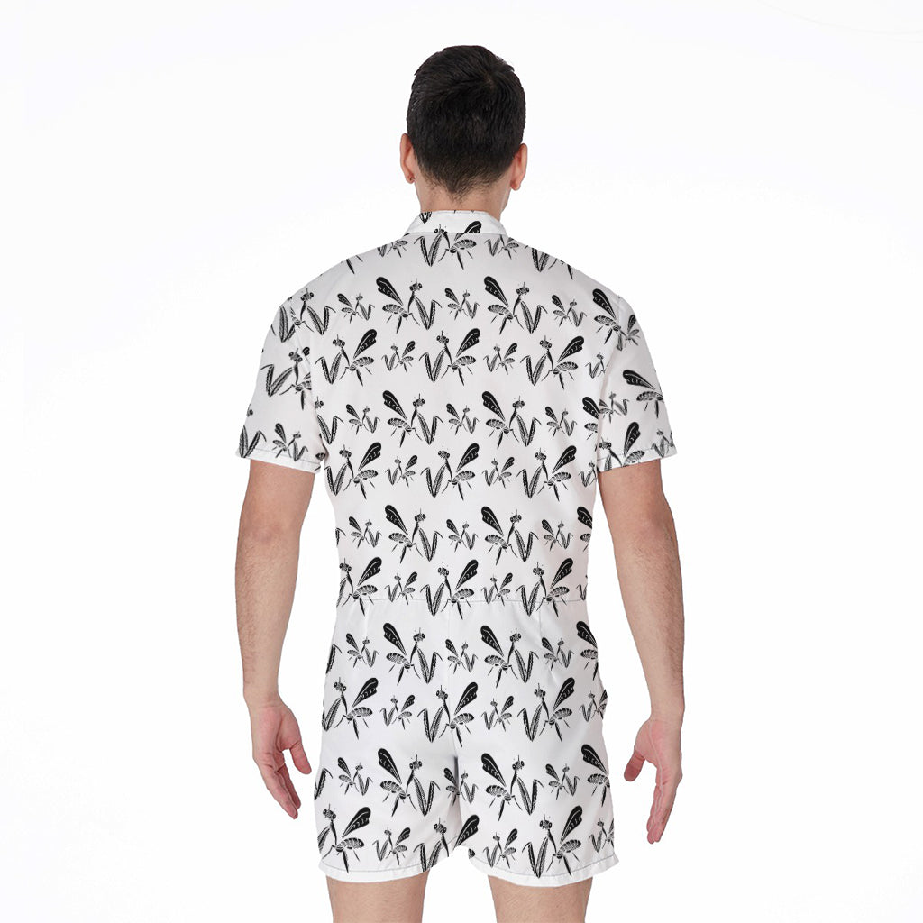 White And Black Mantis Pattern Print Men's Rompers