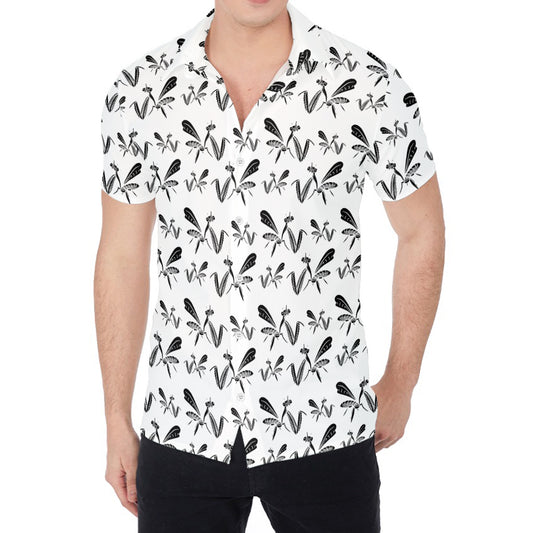 White And Black Mantis Pattern Print Men's Shirt