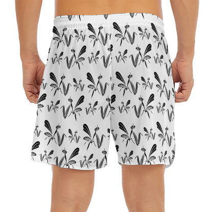 White And Black Mantis Pattern Print Men's Split Running Shorts