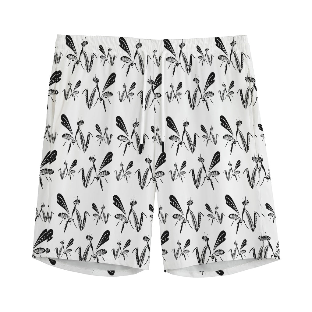 White And Black Mantis Pattern Print Men's Sports Shorts