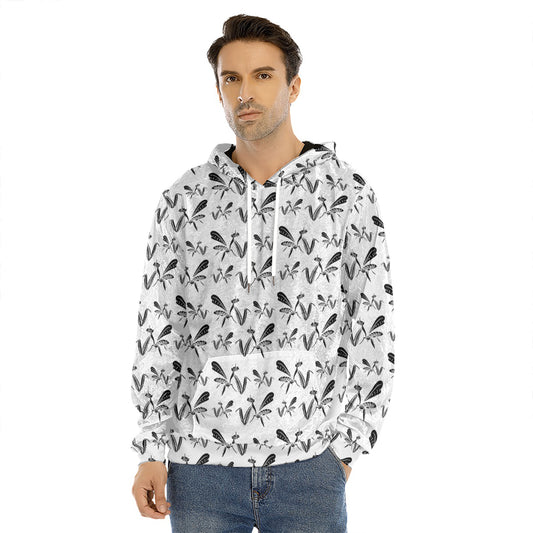 White And Black Mantis Pattern Print Men's Velvet Pullover Hoodie