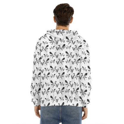 White And Black Mantis Pattern Print Men's Velvet Pullover Hoodie