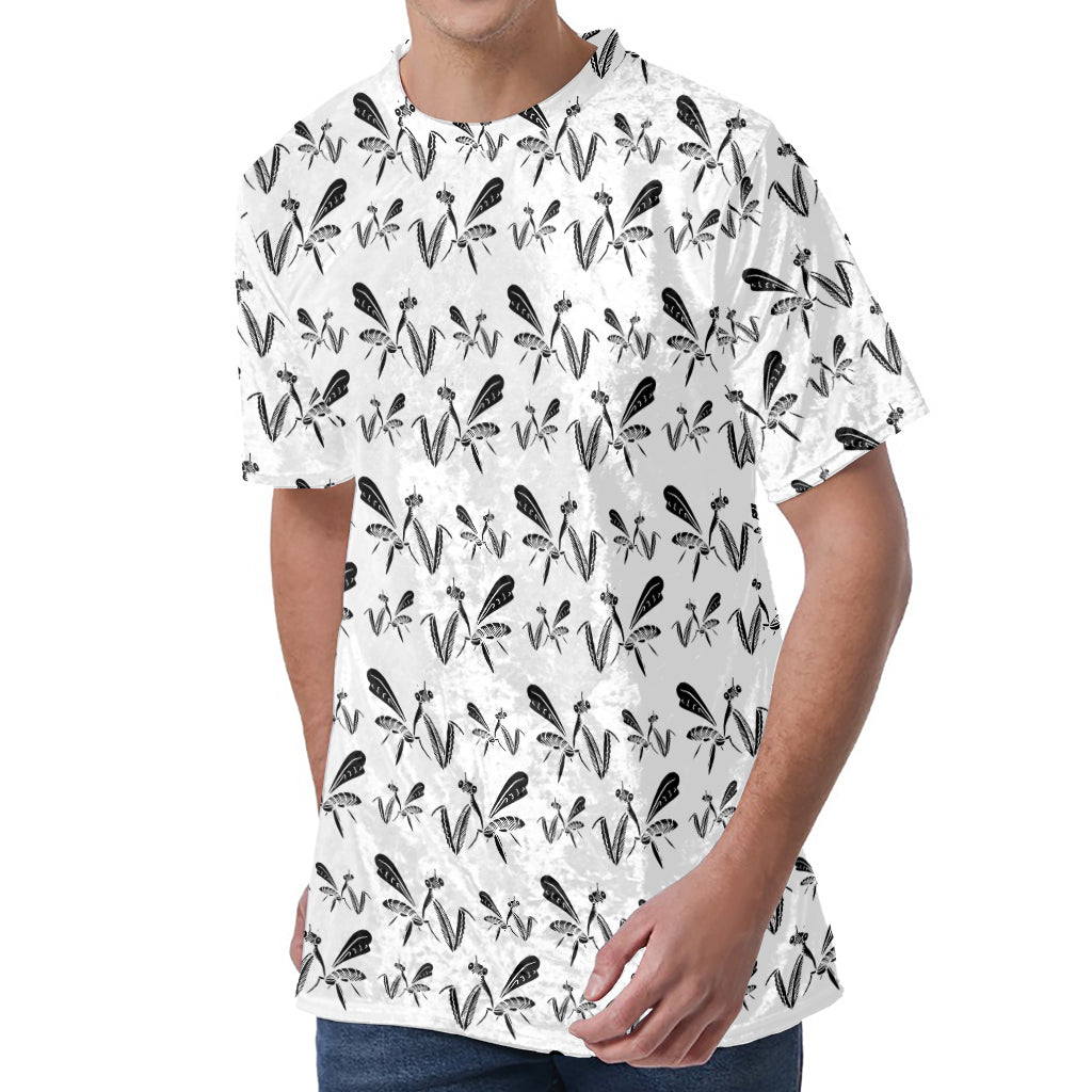 White And Black Mantis Pattern Print Men's Velvet T-Shirt
