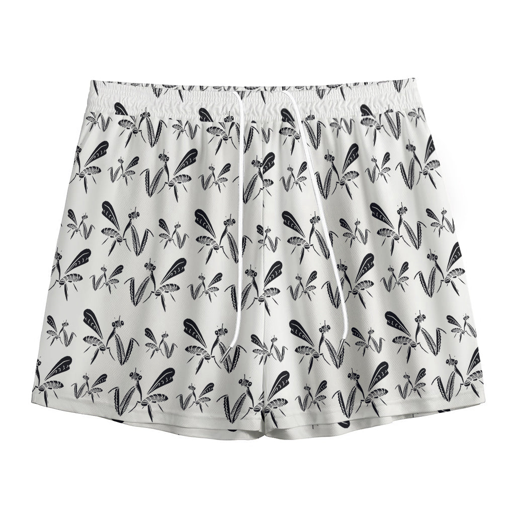 White And Black Mantis Pattern Print Mesh Shorts