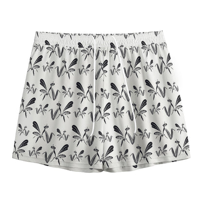 White And Black Mantis Pattern Print Mesh Shorts