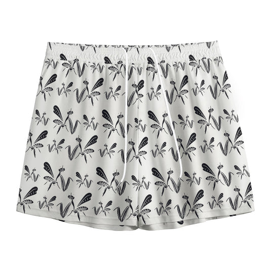 White And Black Mantis Pattern Print Mesh Shorts