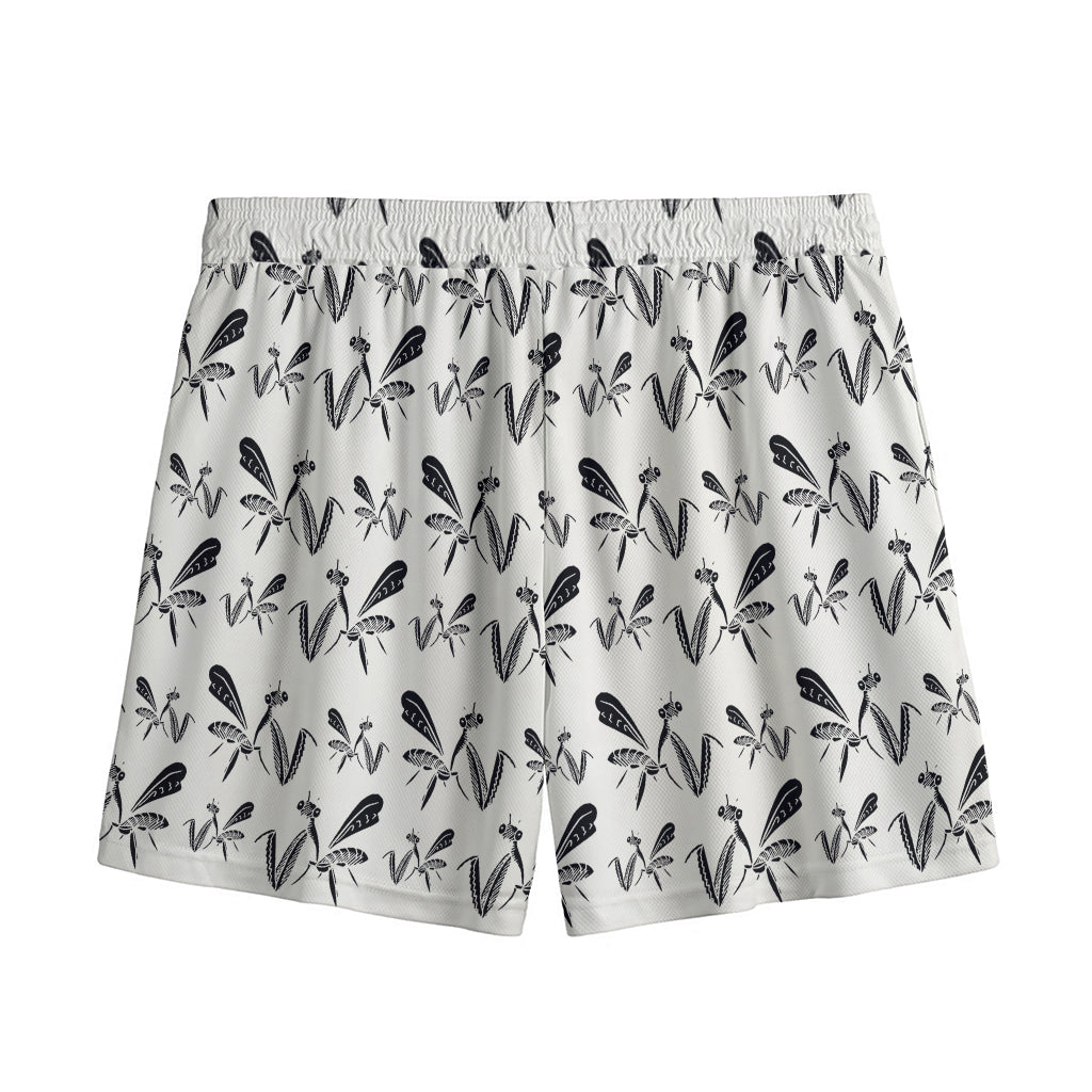 White And Black Mantis Pattern Print Mesh Shorts