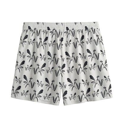 White And Black Mantis Pattern Print Mesh Shorts