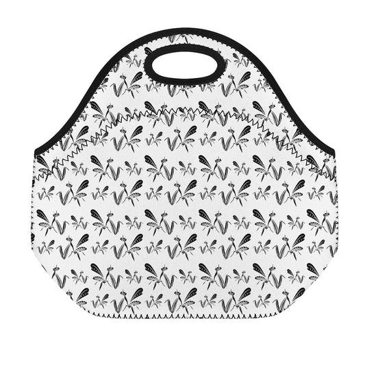 White And Black Mantis Pattern Print Neoprene Lunch Bag