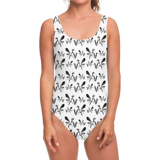 White And Black Mantis Pattern Print One Piece Swimsuit