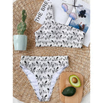 White And Black Mantis Pattern Print One Shoulder Bikini Top