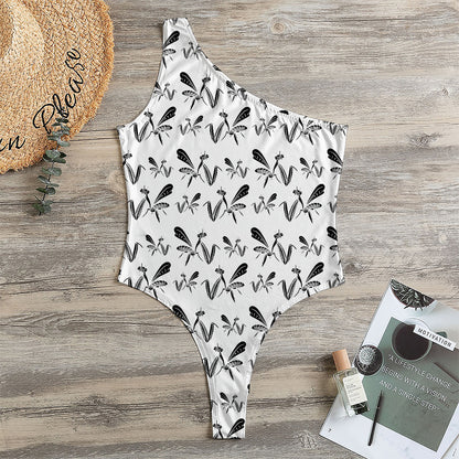 White And Black Mantis Pattern Print One Shoulder Bodysuit
