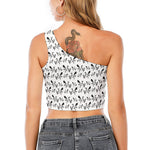 White And Black Mantis Pattern Print One Shoulder Crop Top