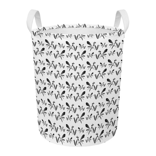 White And Black Mantis Pattern Print Round Laundry Basket