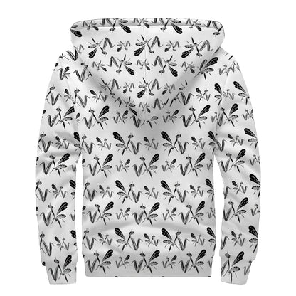 White And Black Mantis Pattern Print Sherpa Lined Zip Up Hoodie