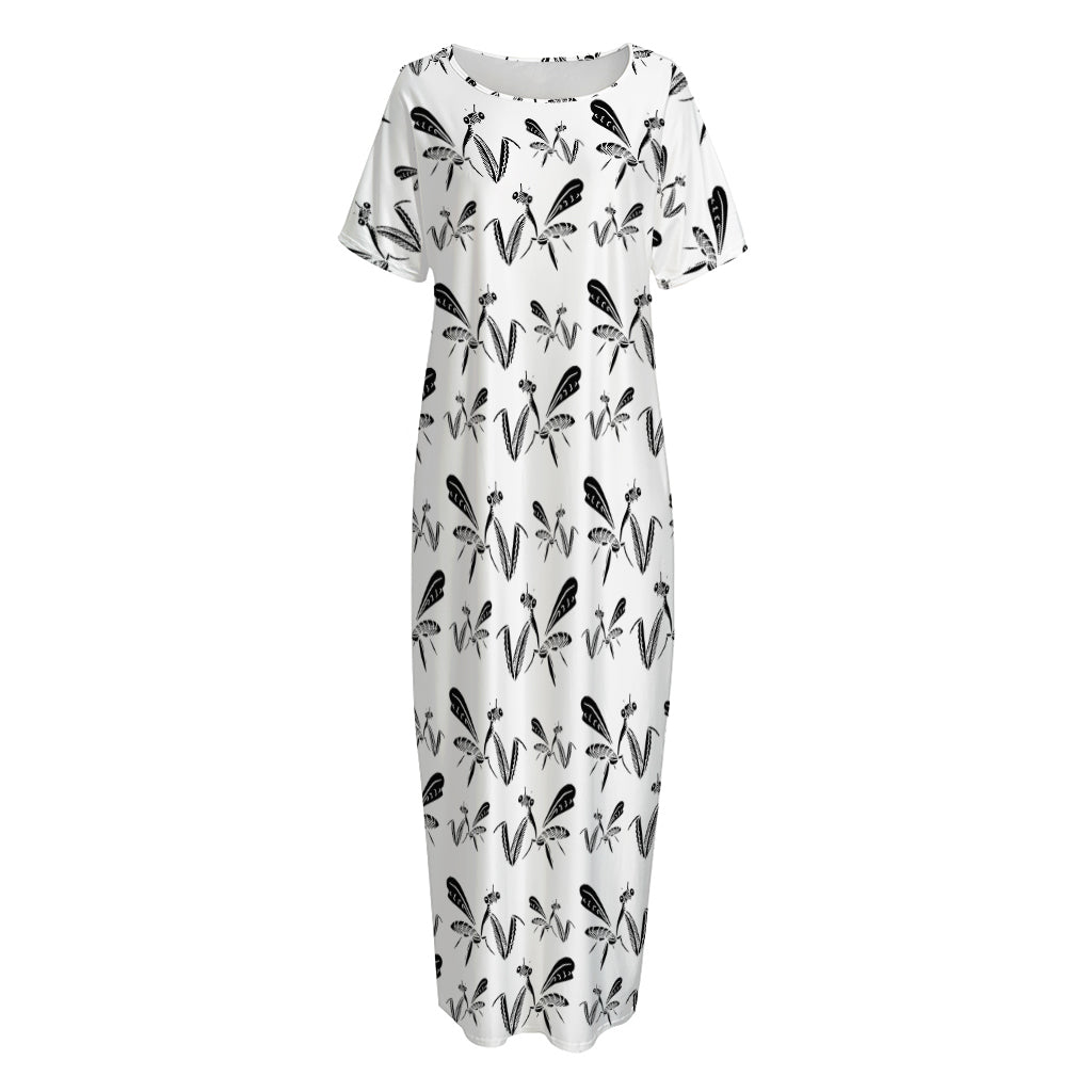 White And Black Mantis Pattern Print Short Sleeve Long Nightdress