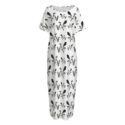 White And Black Mantis Pattern Print Short Sleeve Long Nightdress