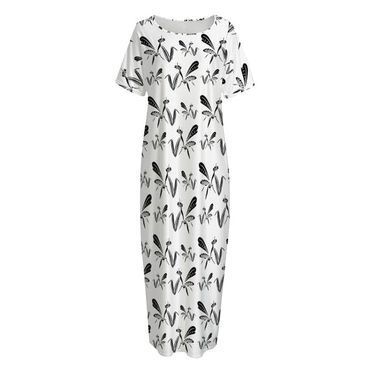 White And Black Mantis Pattern Print Short Sleeve Long Nightdress