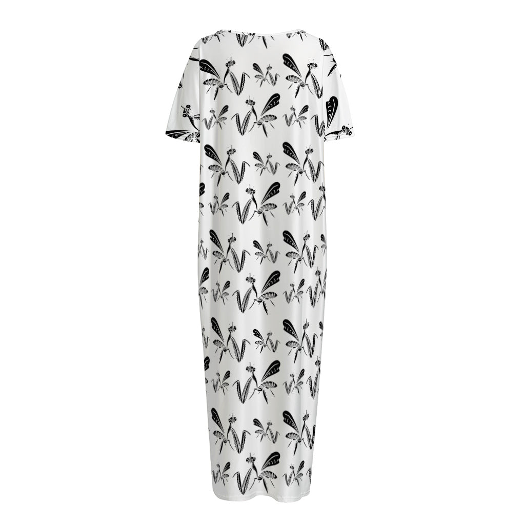 White And Black Mantis Pattern Print Short Sleeve Long Nightdress