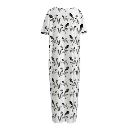 White And Black Mantis Pattern Print Short Sleeve Long Nightdress