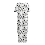 White And Black Mantis Pattern Print Short Sleeve Long Nightdress