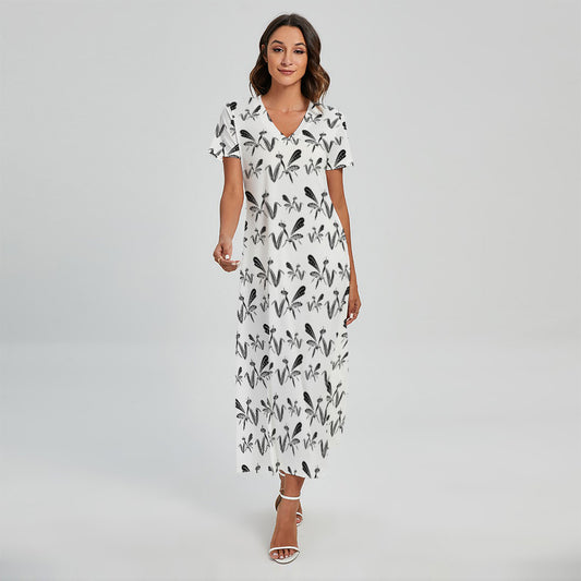 White And Black Mantis Pattern Print Short Sleeve Maxi Dress