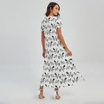 White And Black Mantis Pattern Print Short Sleeve Maxi Dress