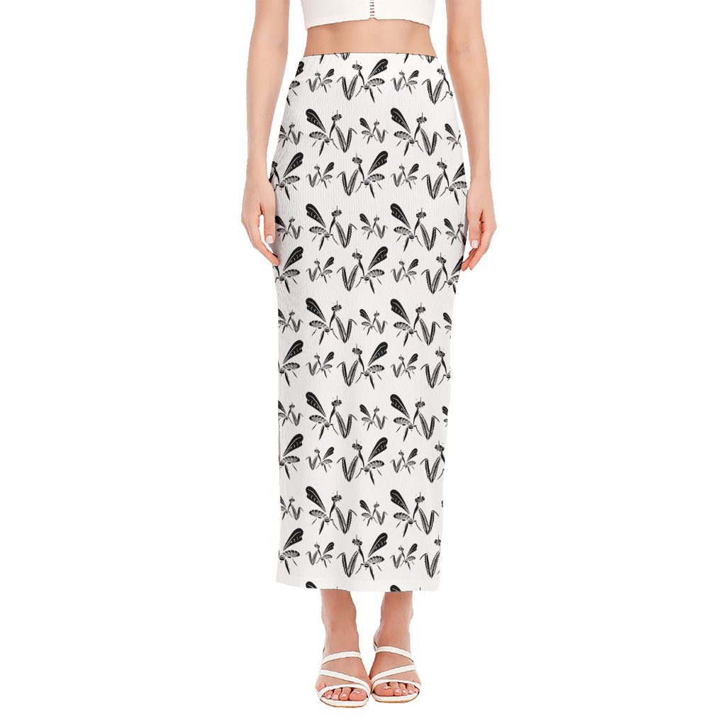 White And Black Mantis Pattern Print Side Slit Maxi Skirt