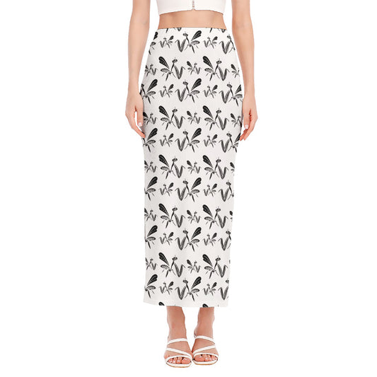 White And Black Mantis Pattern Print Side Slit Maxi Skirt