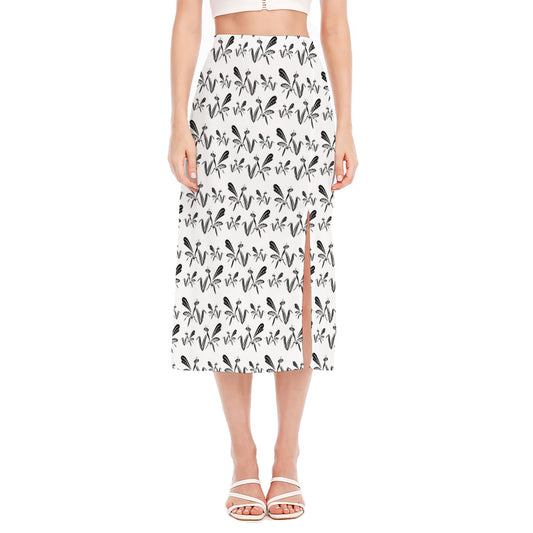 White And Black Mantis Pattern Print Side Slit Midi Skirt